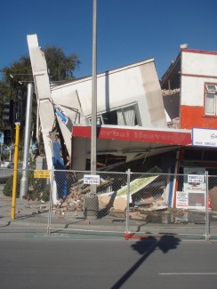Damage to shop front Christchurch, February 2011. Image Robyn Moore